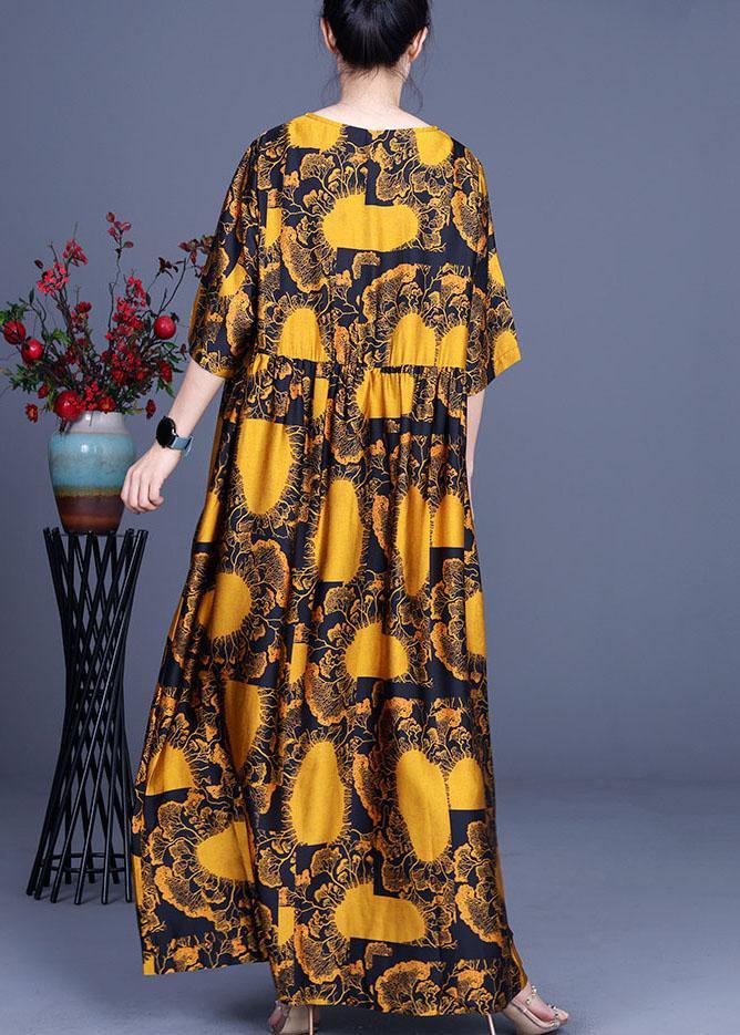 Loose Yellow Print Silk Loose Ankle Dress Summer - Omychic