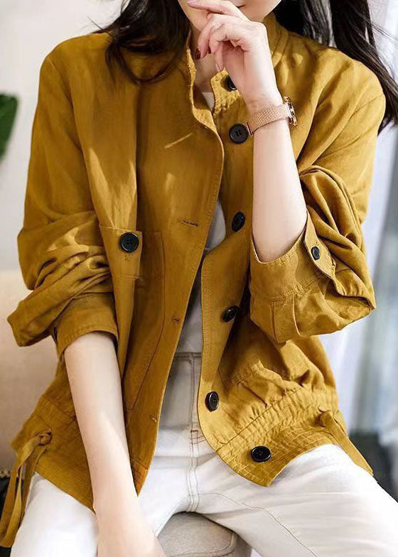 Loose Yellow Stand Collar Button Patchwork Cotton Jacket Fall