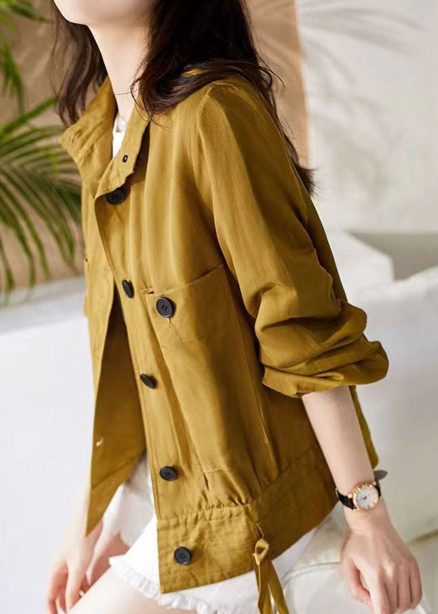 Loose Yellow Stand Collar Button Patchwork Cotton Jacket Fall