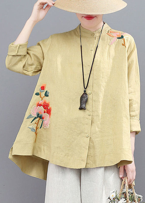 Loose Yellow Stand Collar Embroideried Patchwork Linen Blouse Top Fall
