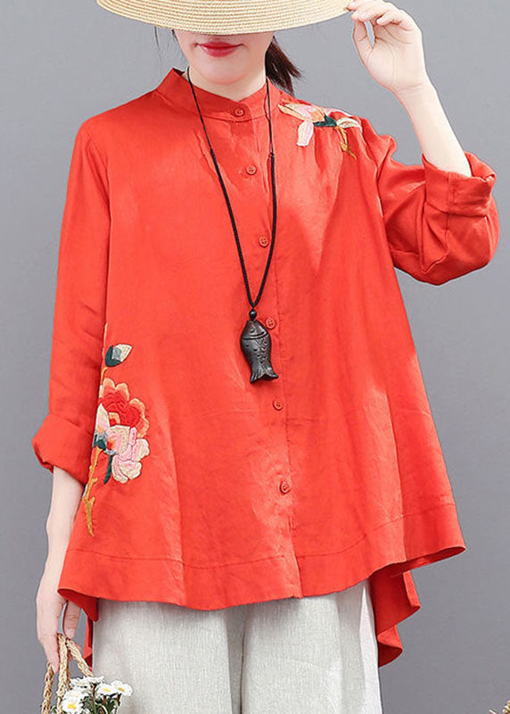 Loose Yellow Stand Collar Embroideried Patchwork Linen Blouse Top Fall