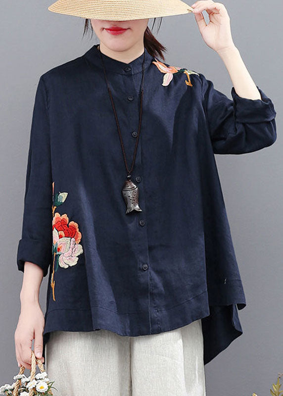 Loose Yellow Stand Collar Embroideried Patchwork Linen Blouse Top Fall