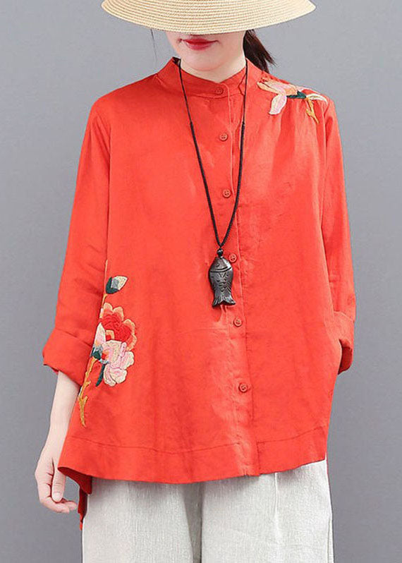Loose Yellow Stand Collar Embroideried Patchwork Linen Blouse Top Fall