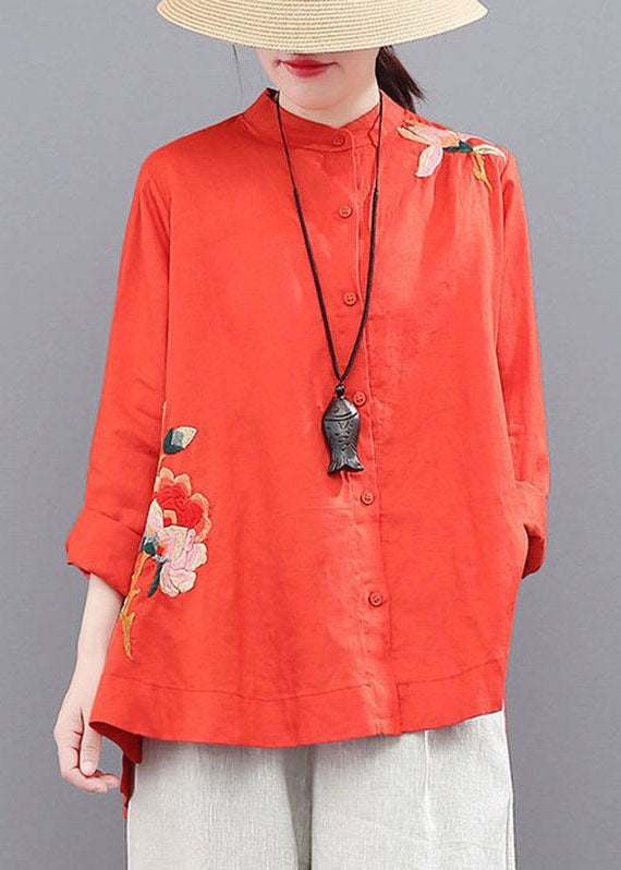 Loose Yellow Stand Collar Embroideried Patchwork Linen Blouse Top Fall