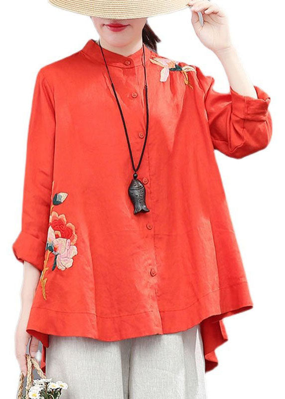 Loose Yellow Stand Collar Embroideried Patchwork Linen Blouse Top Fall