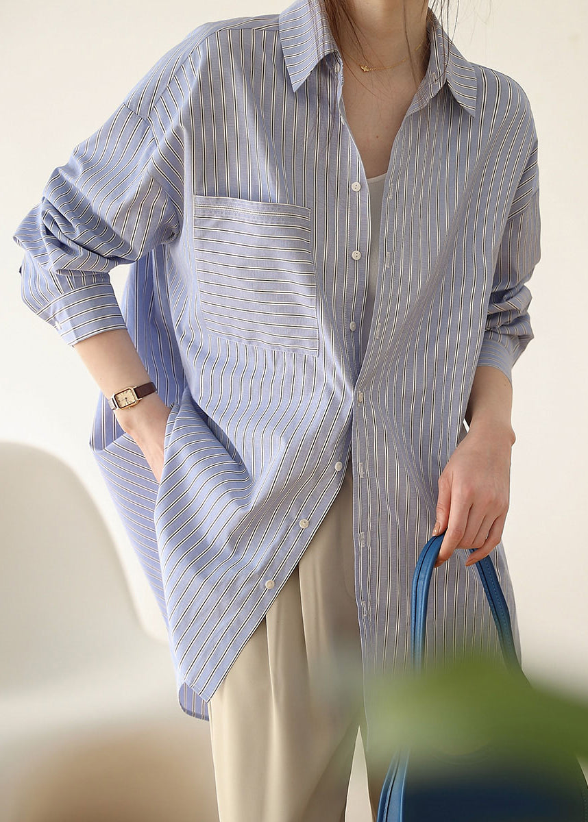 Loose Yellow Striped Button Patchwork Cotton Blouses Fall