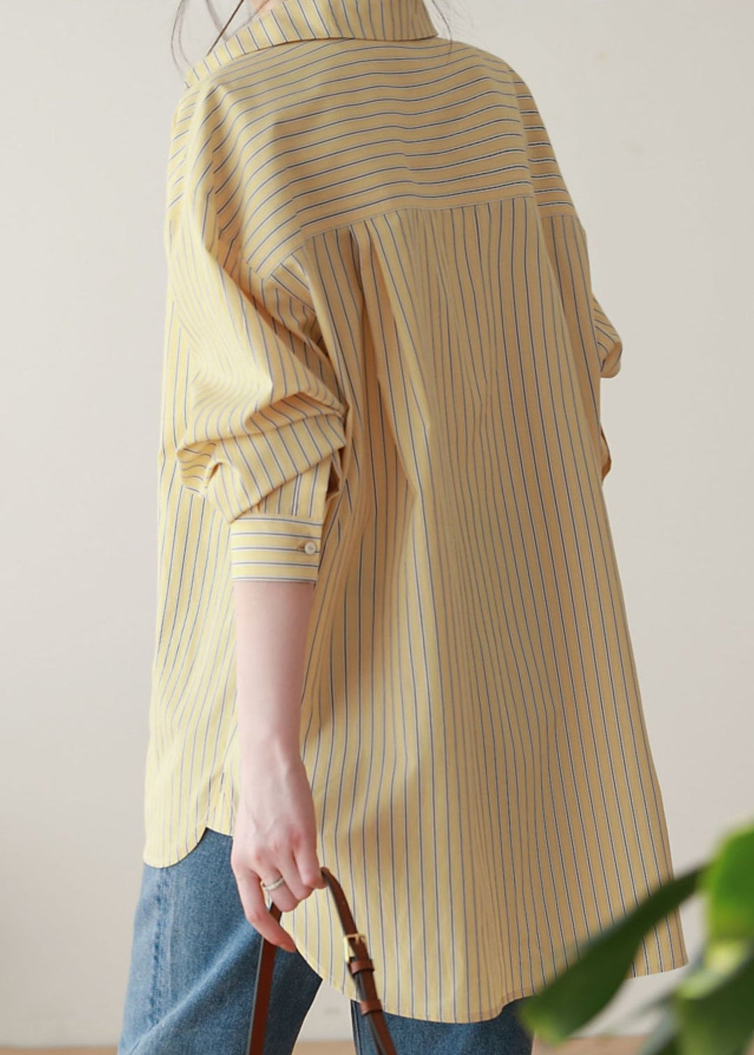 Loose Yellow Striped Button Patchwork Cotton Blouses Fall