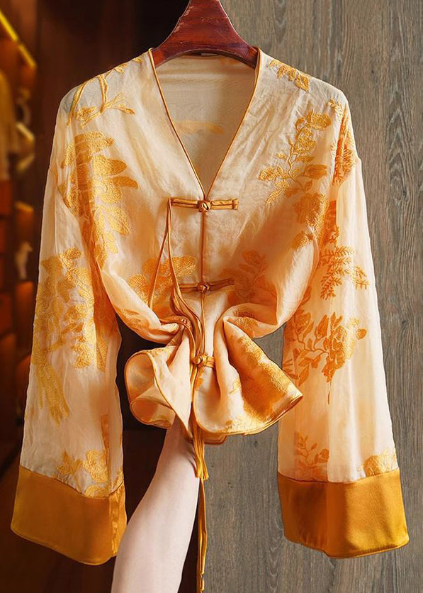 Loose Yellow V Neck Embroidered Button Silk Shirts Spring