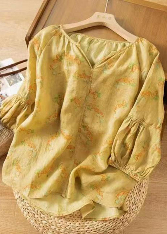 Loose Yellow V Neck Print Patchwork Cotton Shirts Bracelet Sleeve