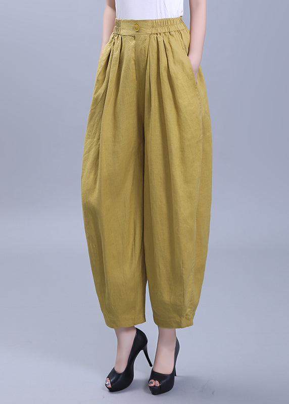 Loose Yellow Wrinkled Pockets Patchwork Linen Crop Pants Summer