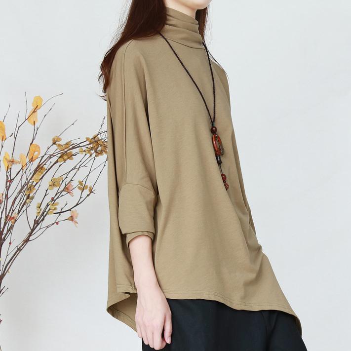 Loose asymmetric cotton high neck Blouse design army yellow tops - Omychic
