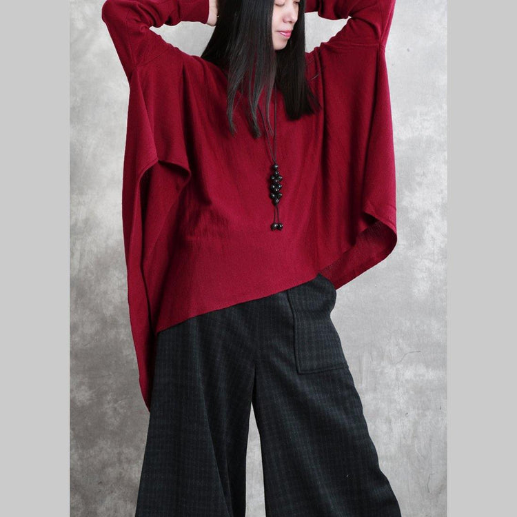 Loose asymmetric hem wool high neck tops red blouse - Omychic