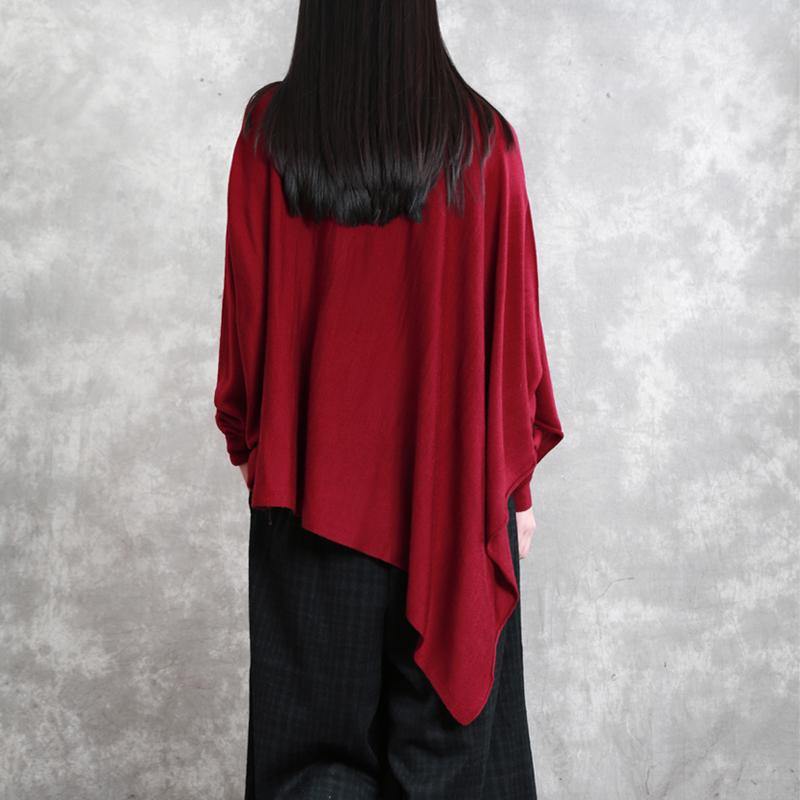 Loose asymmetric hem wool high neck tops red blouse - Omychic