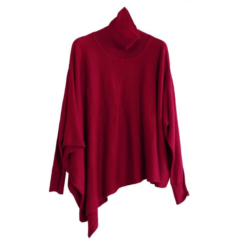 Loose asymmetric hem wool high neck tops red blouse - Omychic