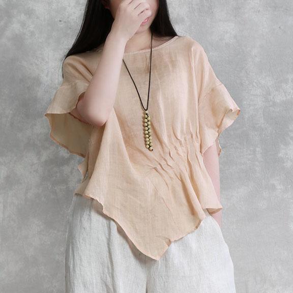Loose asymmetric linen clothes Fabrics light pink wrinkled top summer - Omychic