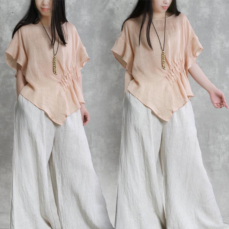 Loose asymmetric linen clothes Fabrics light pink wrinkled top summer - Omychic