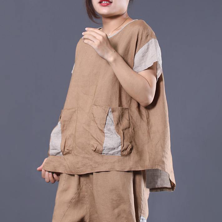 Loose asymmetric patchwork linen tunics for women Tunic Tops khaki blouse summer - Omychic