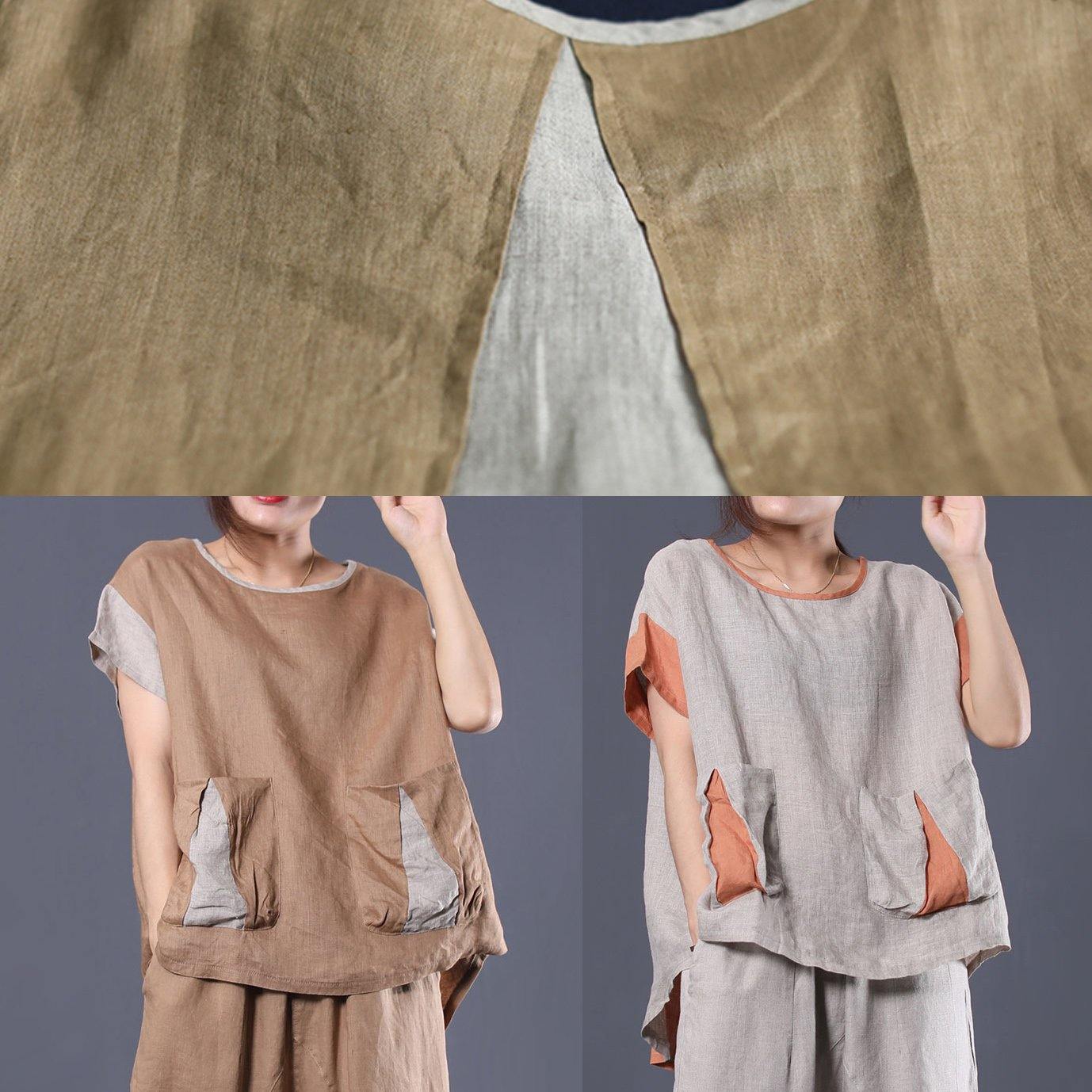 Loose asymmetric patchwork linen tunics for women Tunic Tops khaki blouse summer - Omychic