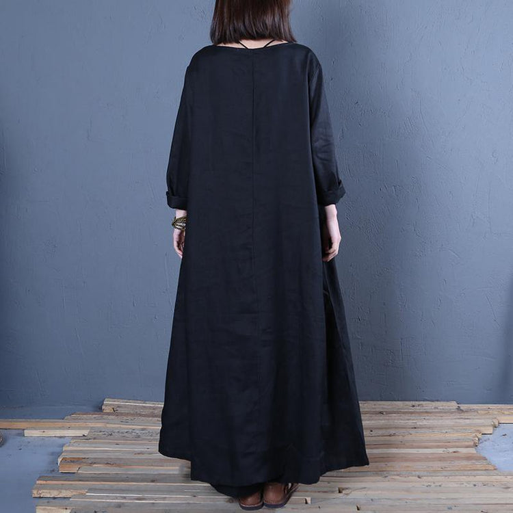 Loose black linen Long Shirts o neck patchwork Kaftan spring Dresses - Omychic