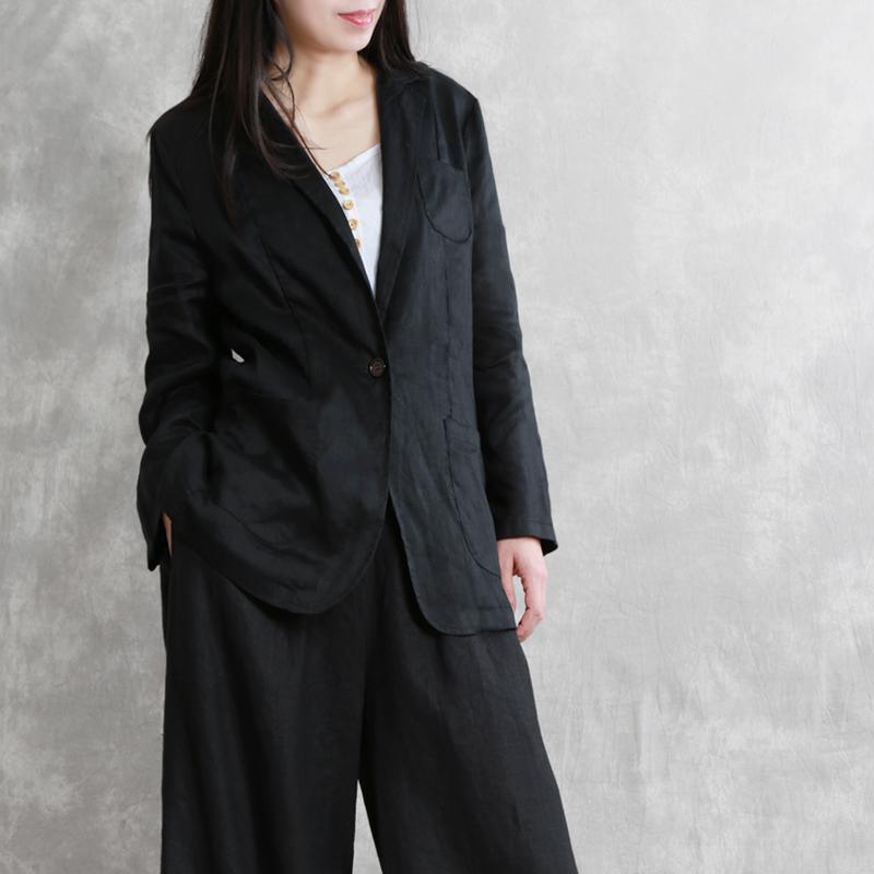 Loose black linen clothes Notched pockets Vestidos De Lino summer coat - Omychic
