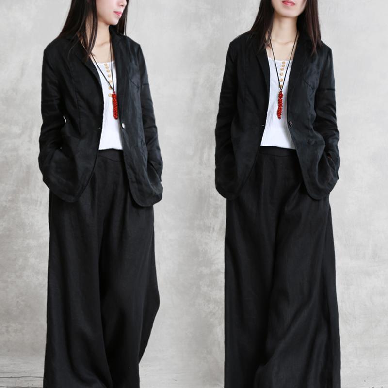 Loose black linen clothes Notched pockets Vestidos De Lino summer coat - Omychic