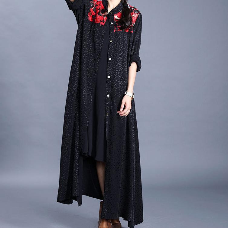 Loose black patchwork red Fine tunics for women Work Outfits stand collar Button Down cardigan - Omychic