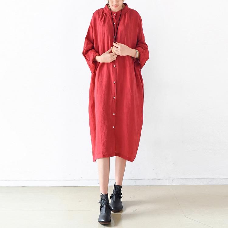Loose blue linen clothes Fitted Fabrics stand collar Batwing Sleeve Vestidos De Lino Dress - Omychic