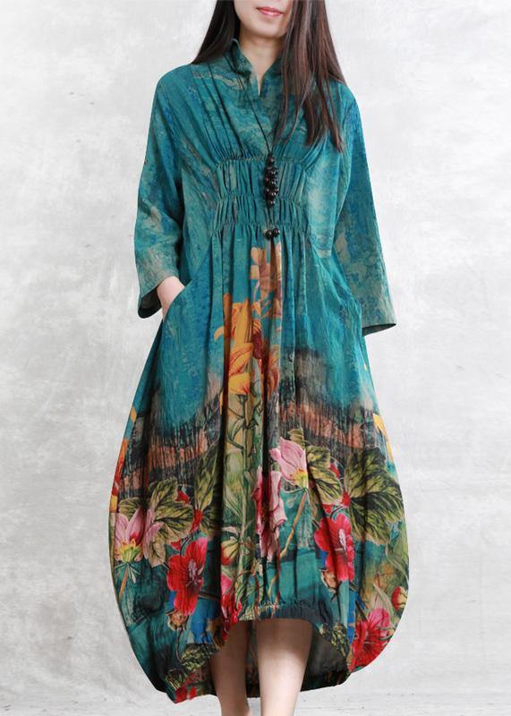 Loose blue print clothes For Women Cinched asymmetric Dresses