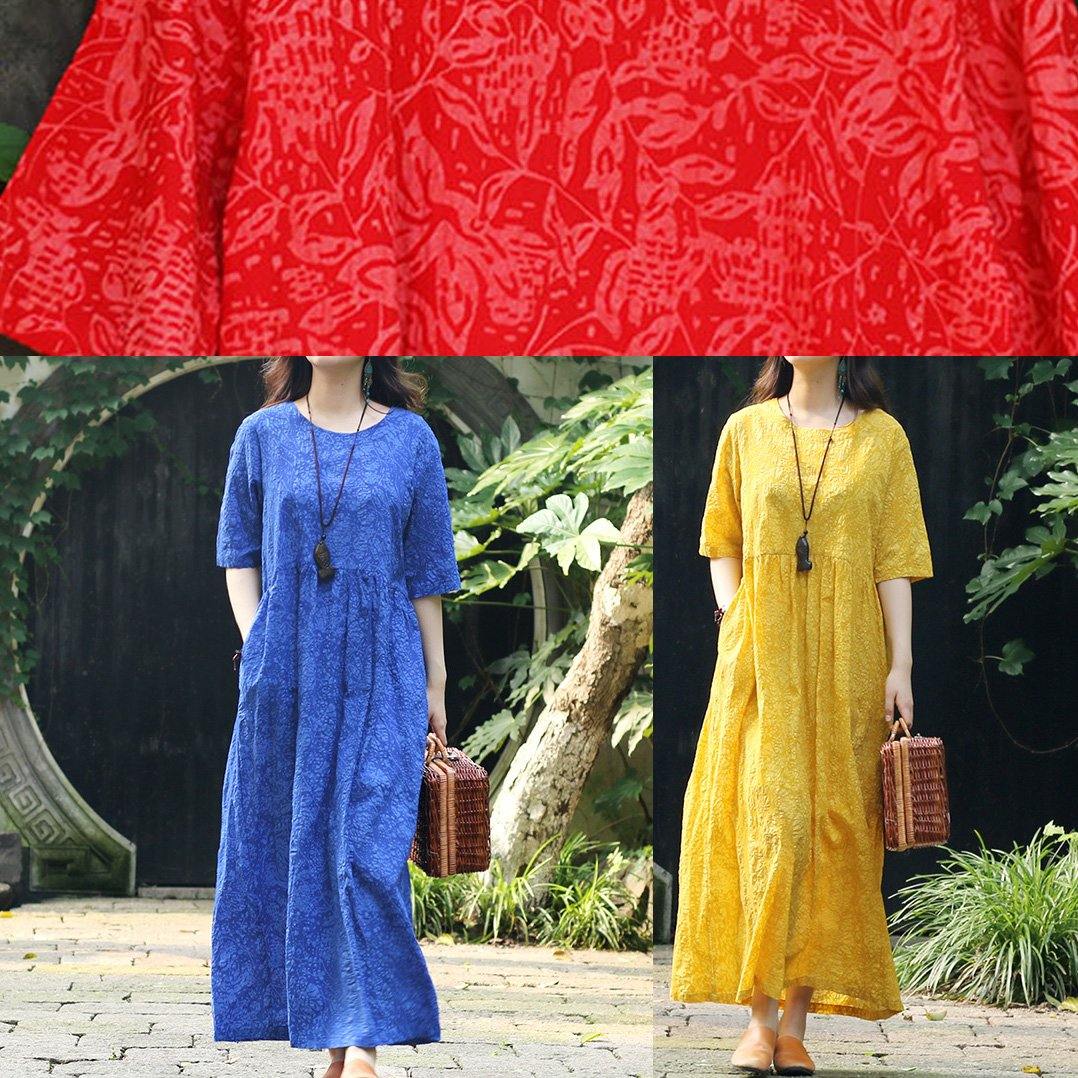 Loose blue print cotton clothes For Women Plus Size linen v neck tie waist Vestidos De Lino Summer Dresses - Omychic