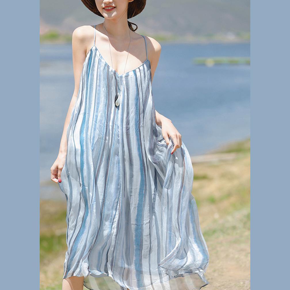 Loose blue striped silk Long Shirts Boho Sleeve Spaghetti Strap Plus Size Clothing Summer Dress - Omychic