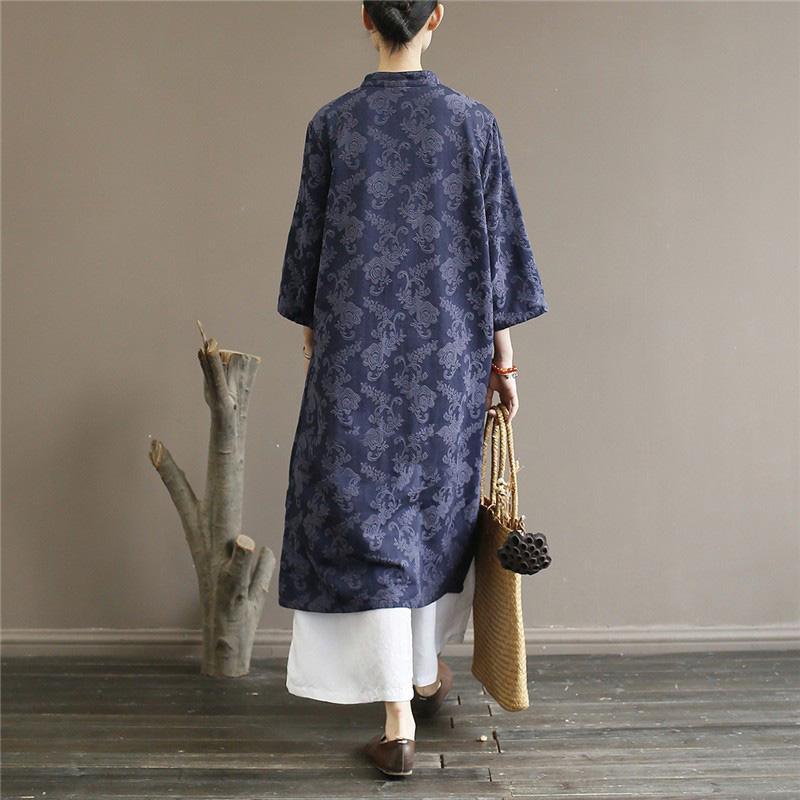 Loose bracelet sleeved Cotton Chinese Button dresses Outfits navy Dress - Omychic