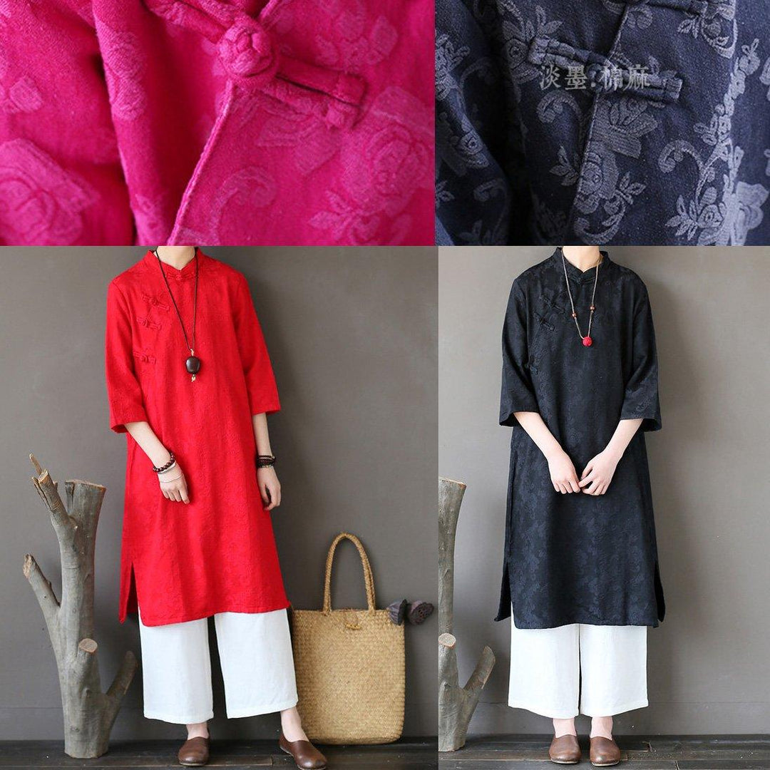 Loose bracelet sleeved Cotton Chinese Button dresses Outfits navy Dress - Omychic