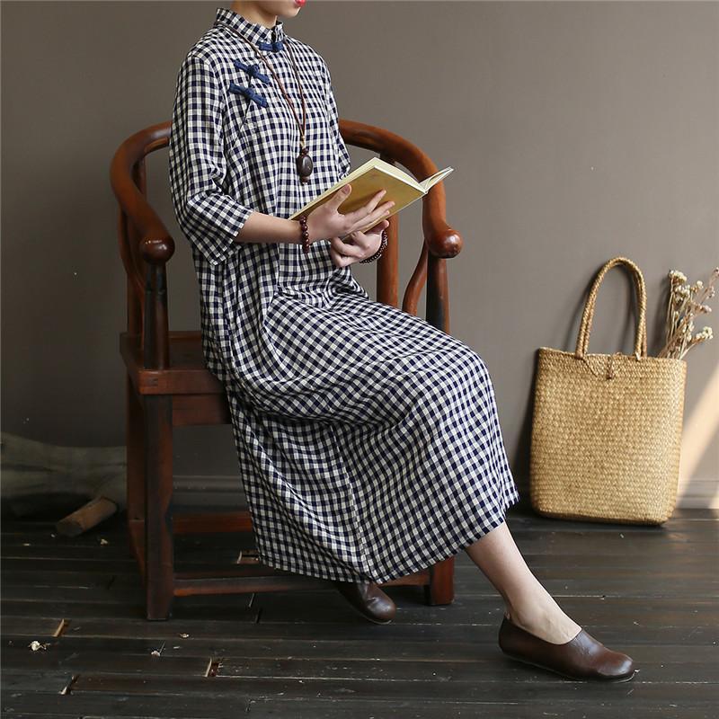 Loose bracelet sleeved cotton stand collar clothes For Women Shirts plaid Dresses - Omychic