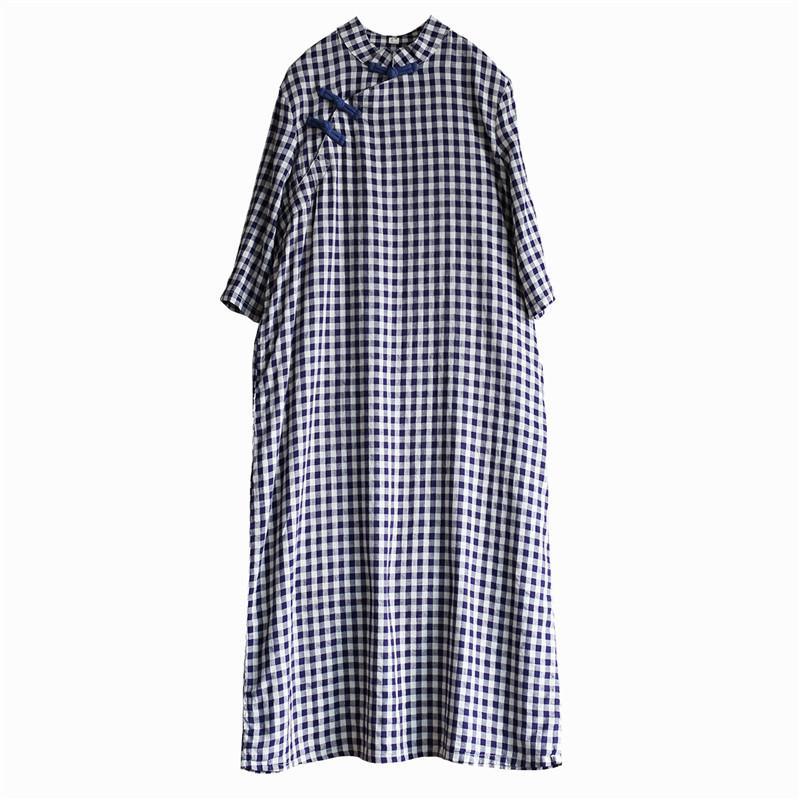 Loose bracelet sleeved cotton stand collar clothes For Women Shirts plaid Dresses - Omychic