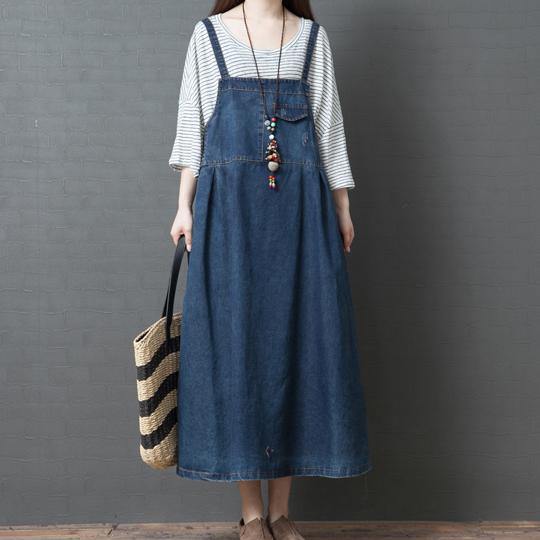 Loose carpenter cotton dress Tunic Tops denim blue long Dresses summer - Omychic