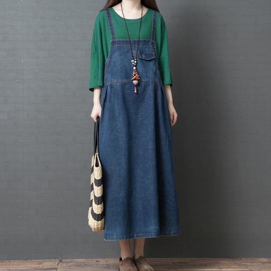 Loose carpenter cotton dress Tunic Tops denim blue long Dresses summer - Omychic