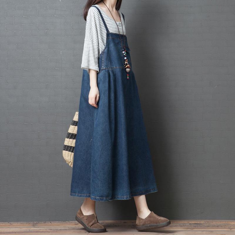 Loose carpenter cotton dress Tunic Tops denim blue long Dresses summer - Omychic