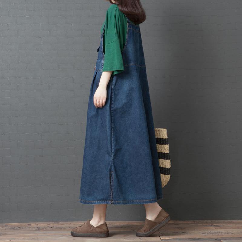 Loose carpenter cotton dress Tunic Tops denim blue long Dresses summer - Omychic