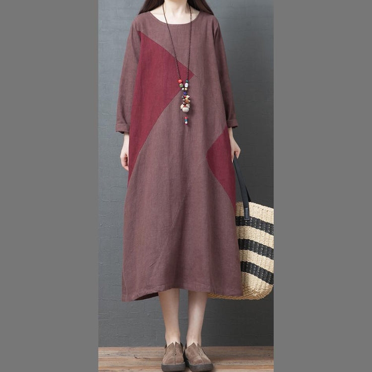Loose chocolate linen clothes o neck patchwork Traveling fall Dresses - Omychic