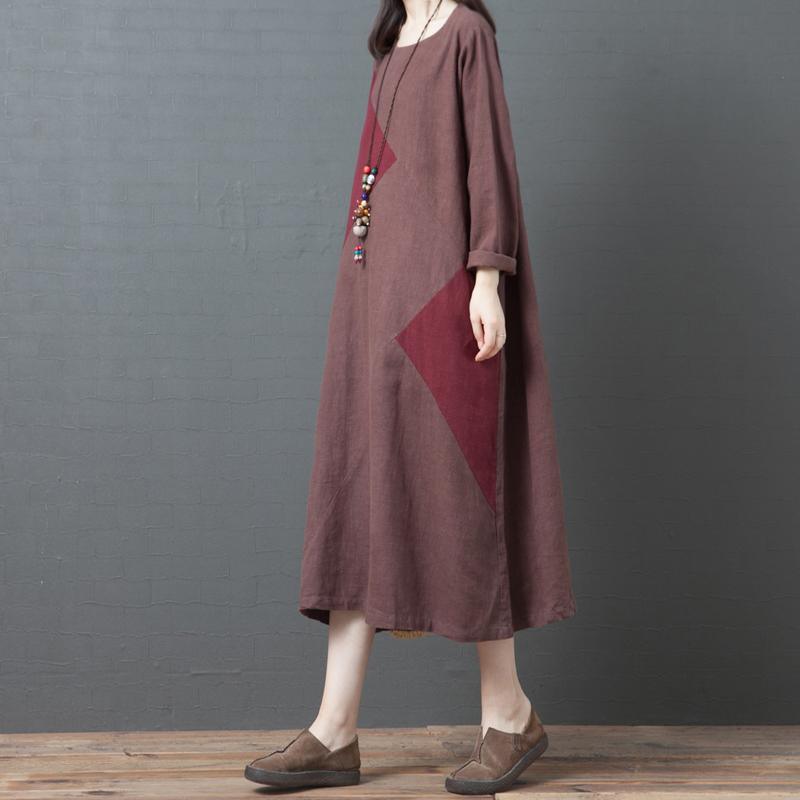 Loose chocolate linen clothes o neck patchwork Traveling fall Dresses - Omychic