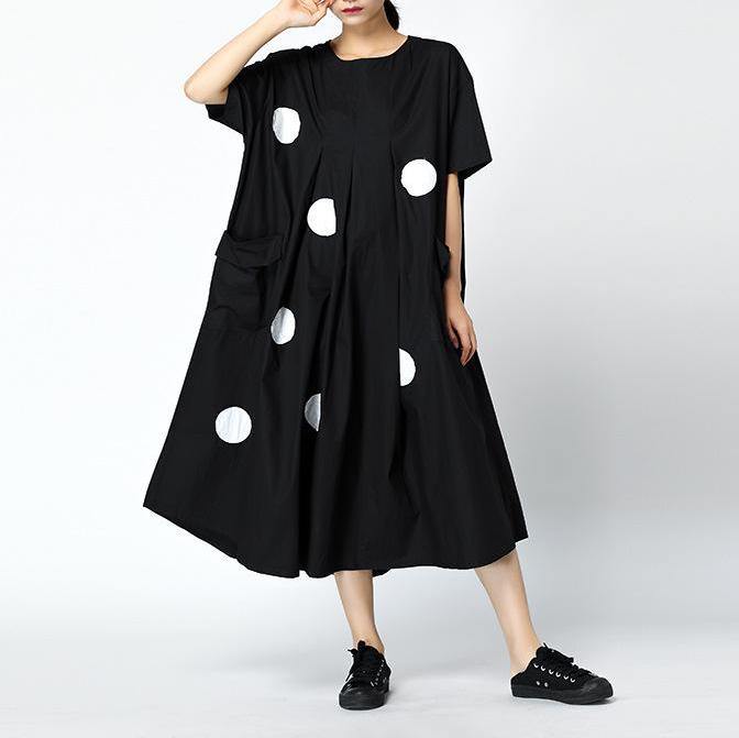 Loose cotton blended dresses plus size Dots Loose Round Neck Retro Midi Dress - Omychic