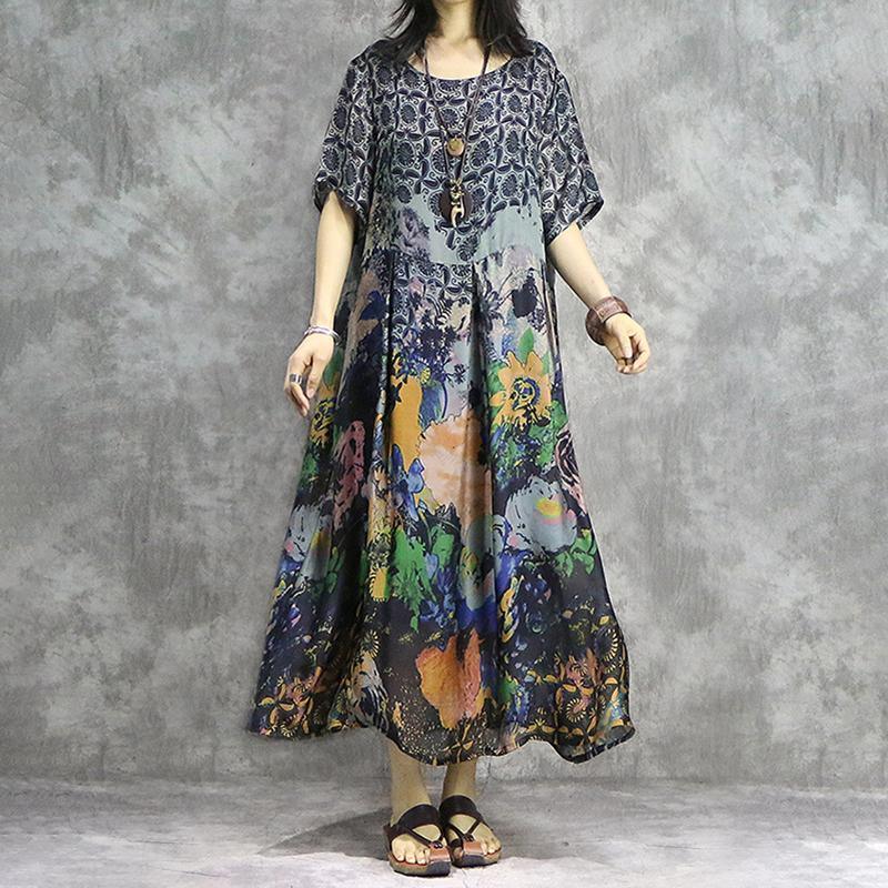 Loose cotton clothes For Women Plus Size Print Vintage A-Line Short Sleeve Dress - Omychic