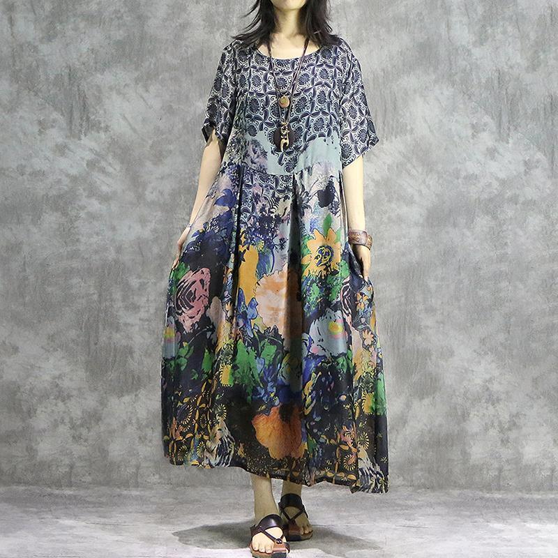 Loose cotton clothes For Women Plus Size Print Vintage A-Line Short Sleeve Dress - Omychic