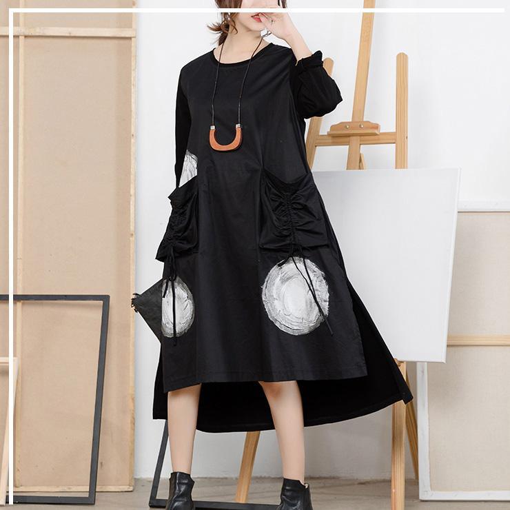 Loose cotton clothes For Women boutique pockets side open Fabrics black dotted Vestidos De Lino Dresses - Omychic