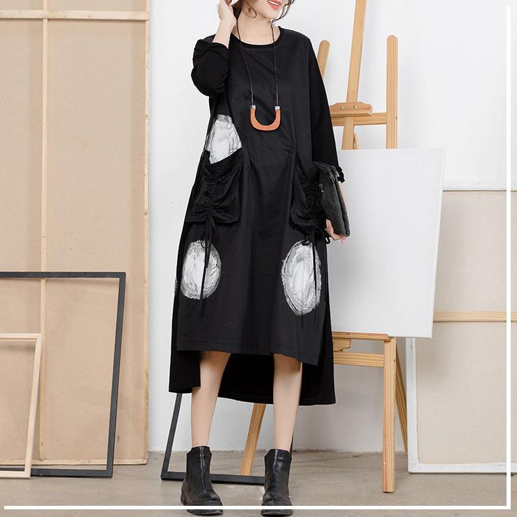 Loose cotton clothes For Women boutique pockets side open Fabrics black dotted Vestidos De Lino Dresses - Omychic
