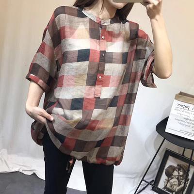 Loose cotton crane tops Fashion Vintage Casual Stand Collar Summer Blouse - Omychic