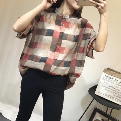 Loose cotton crane tops Fashion Vintage Casual Stand Collar Summer Blouse - Omychic