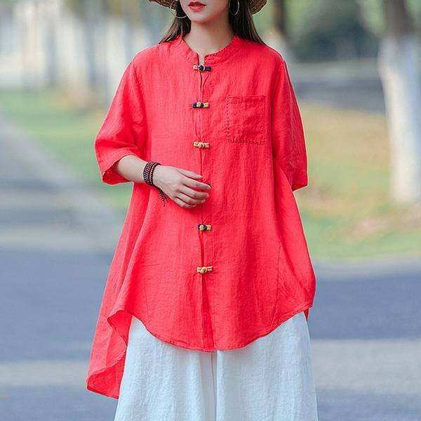 Loose cotton red Vintage Summer Cotton Solid Frog Buttons Long Shirt - Omychic