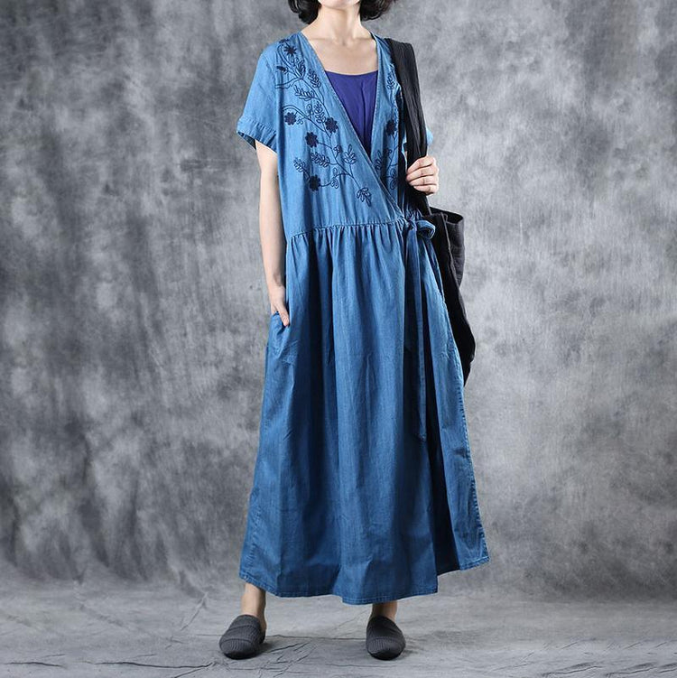 Loose cotton tunic dressplus size Floral Embroidery Lacing Loose Denim Dress - Omychic