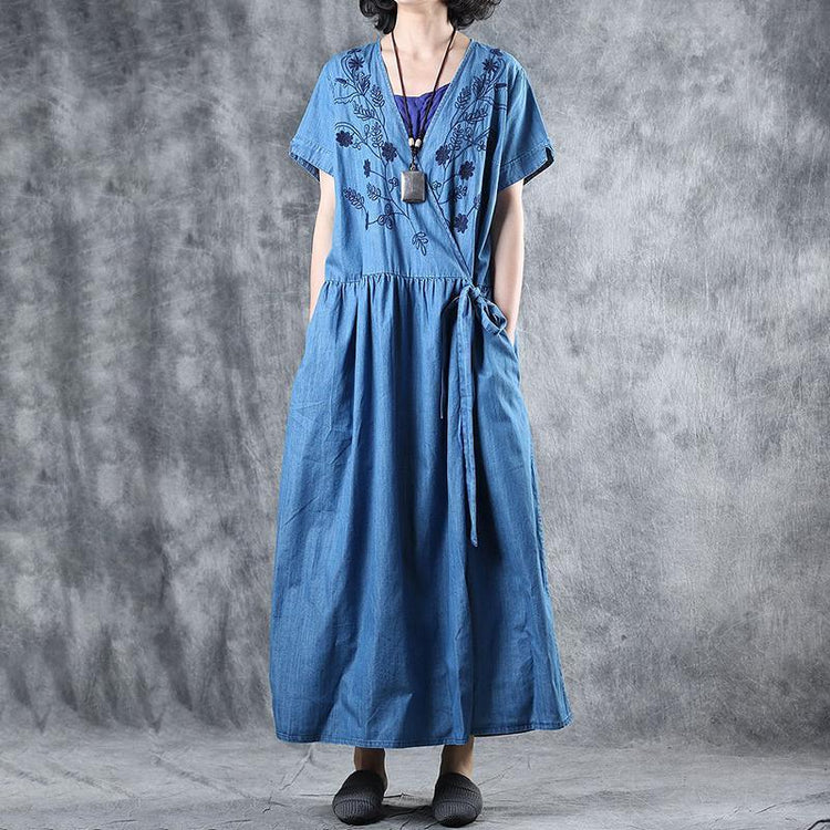 Loose cotton tunic dressplus size Floral Embroidery Lacing Loose Denim Dress - Omychic